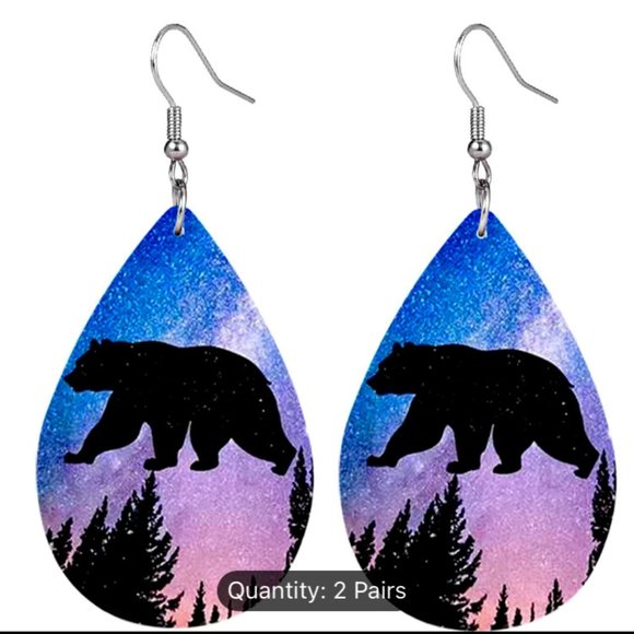 Grizzly Bear Faux Leather Earrings Blue and Lavender Dusk with Trees Silhouetted - Picture 1 of 2